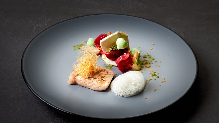 Wie es sich für ein 5-Sterne-Hotel gehört: die Angebote. Gourmetgericht mit Fischfilet, Schaum und verschiedenen Garnituren auf grauem Teller