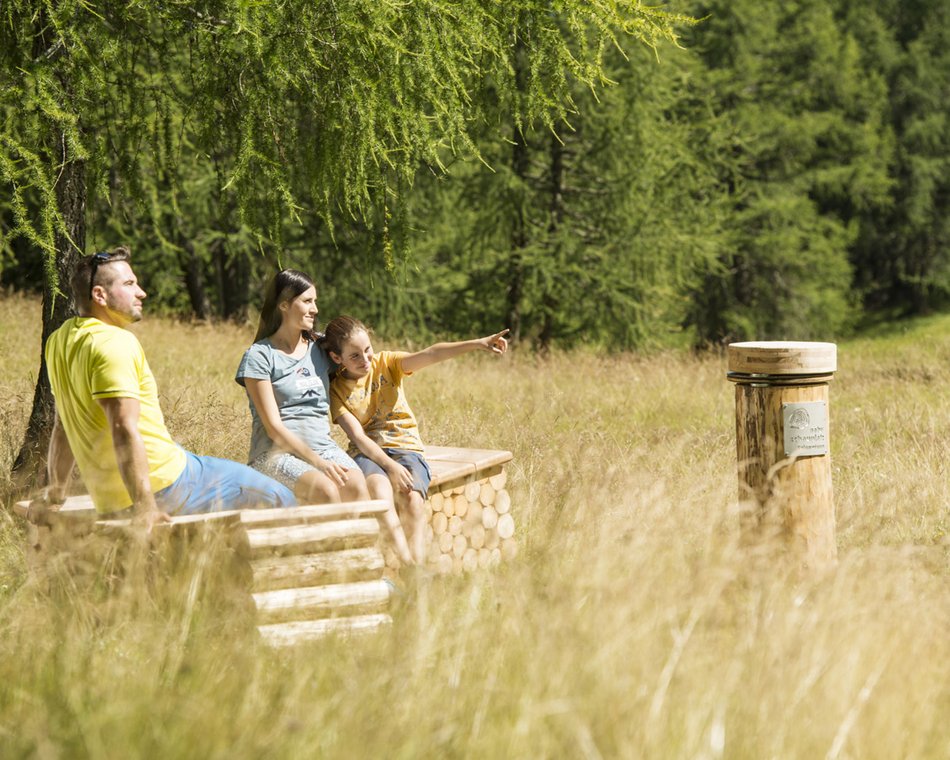Willkommen im einzigen 5-Sterne-Hotel im Stubaital! Familie sitzt auf einer Holzbank im Gras mit Blick auf Natur