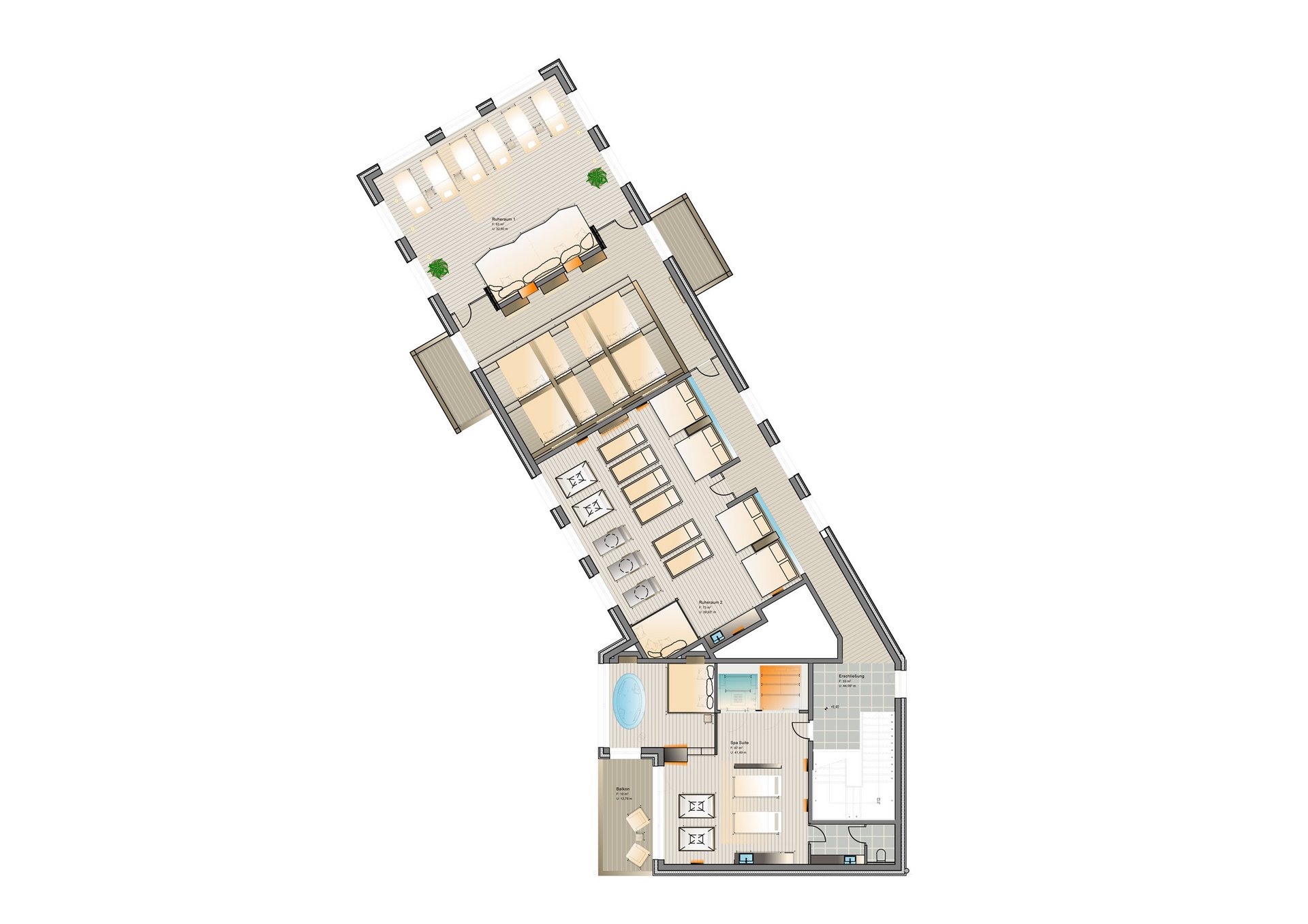 Auf in Ihr De-luxe-Wellnesshotel im Stubaital Grundriss eines Wellnessbereichs mit Sauna, Ruhezonen und Whirlpool