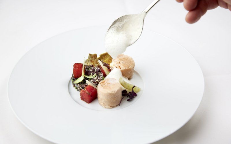 Willkommen im einzigen 5-Sterne-Hotel im Stubaital! Fein angerichtete Gourmet-Vorspeise auf weißem Teller mit Schaumsoße