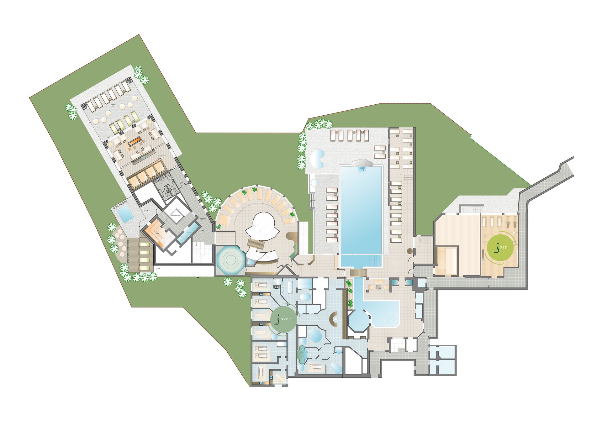 Auf in Ihr De-luxe-Wellnesshotel im Stubaital Grundriss eines Spa-Bereichs mit Pool, Fitnessraum und Ruhebereichen