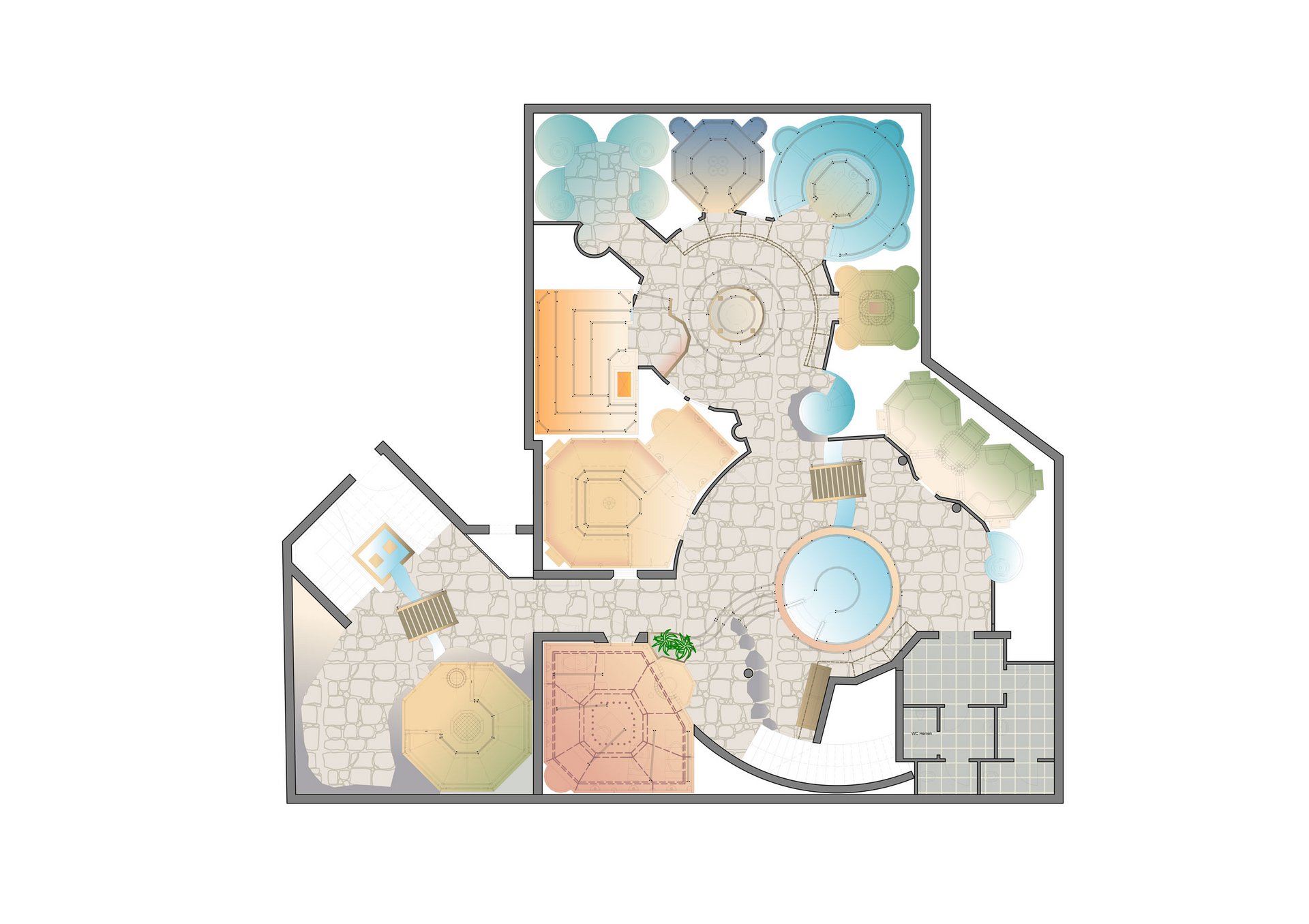 Auf in Ihr De-luxe-Wellnesshotel im Stubaital Grundriss eines Spa- oder Wellnessbereichs mit verschiedenen Behandlungsräumen und Pools